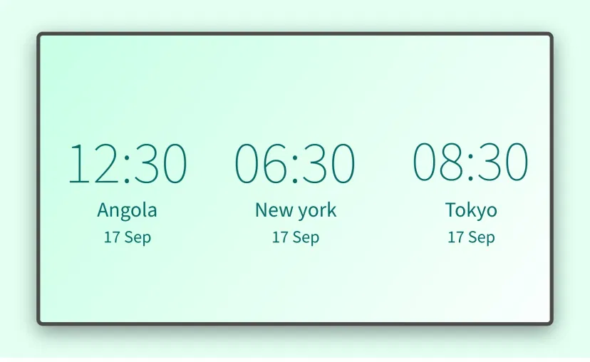 Clock app interface showing digital timezones of countries Angola, New York and Tokyo to display on digital signage screens