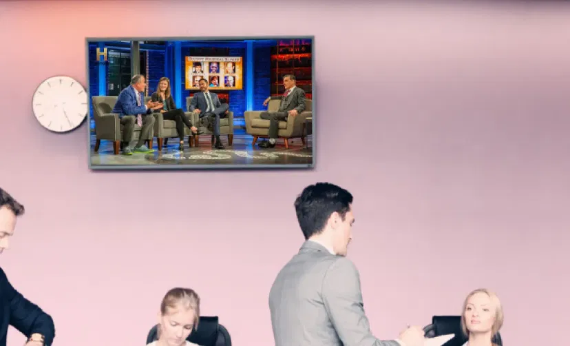 Digital signage at hotel lobby displaying live TV channel from Live DTH app