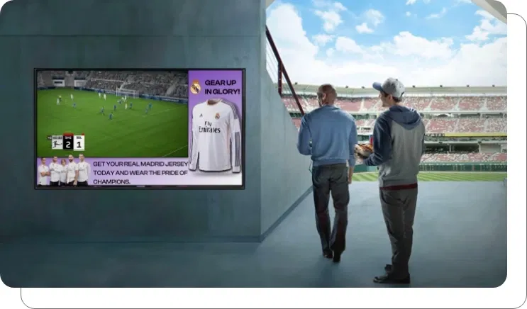 Digital screen showing merchandise promotions and sales at stadium