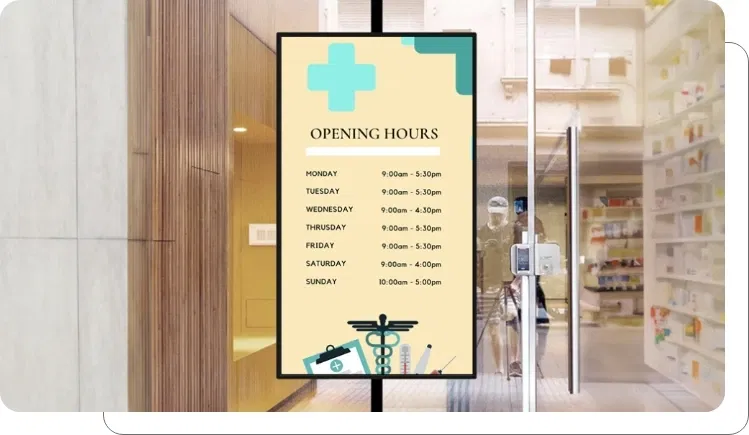 A digital signage screen showing essential medical office data A digital signage screen showing essential medical office data
