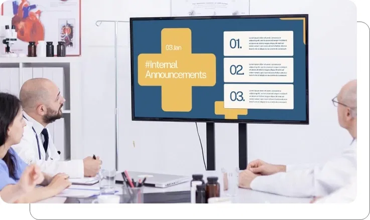 An office digital signage screen showing staff communication An office digital signage screen showing staff communication