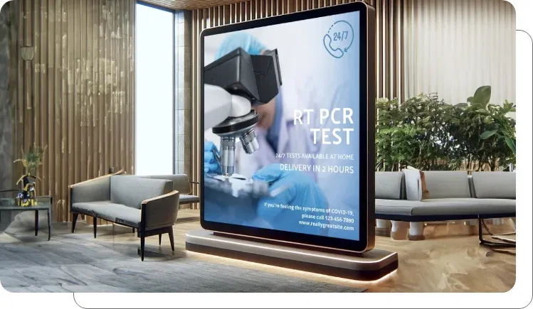 A digital signage screen showing hospital services information