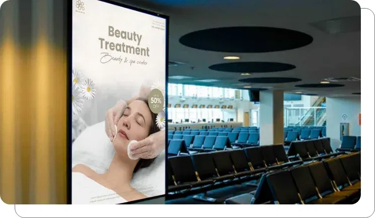 Digital signage screen showing cruise ship onboard services and promotions