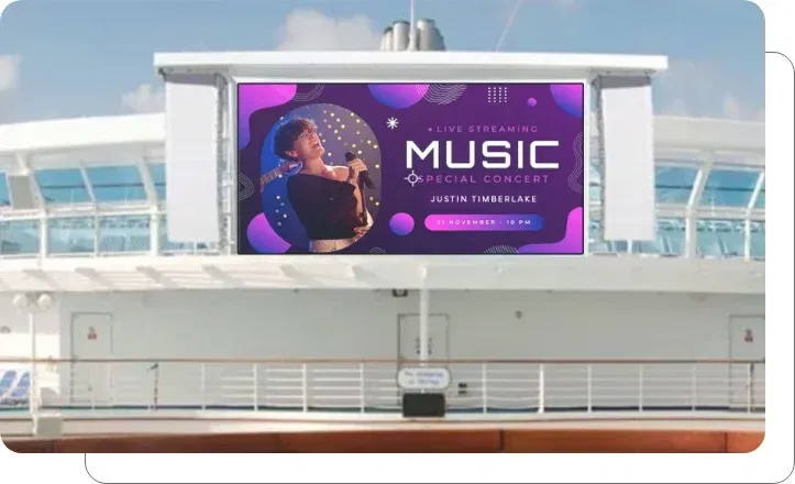 Digital signage screen showing cruise ship entertainment and activity schedules
