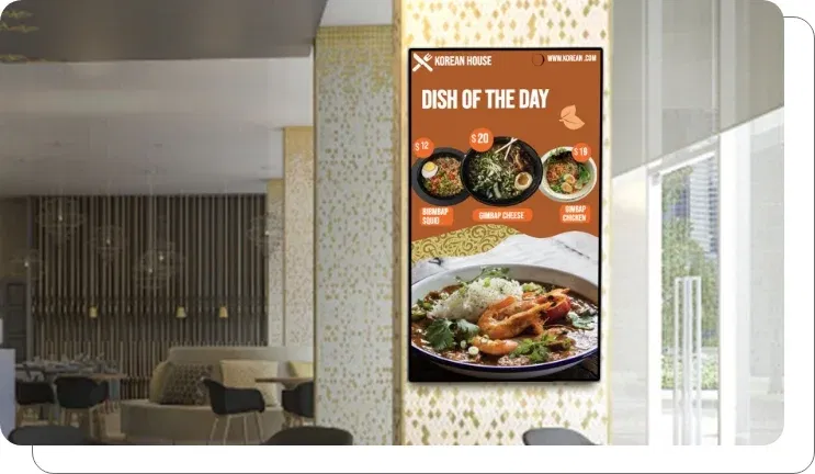 Digital signage screen showing cruise ship dining menus and special events