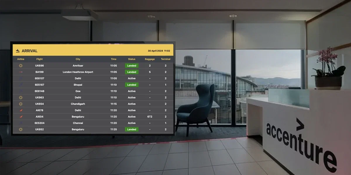 Accenture lobby kiosk showing live flight information powered by Pickcel FIDS digital signage solution