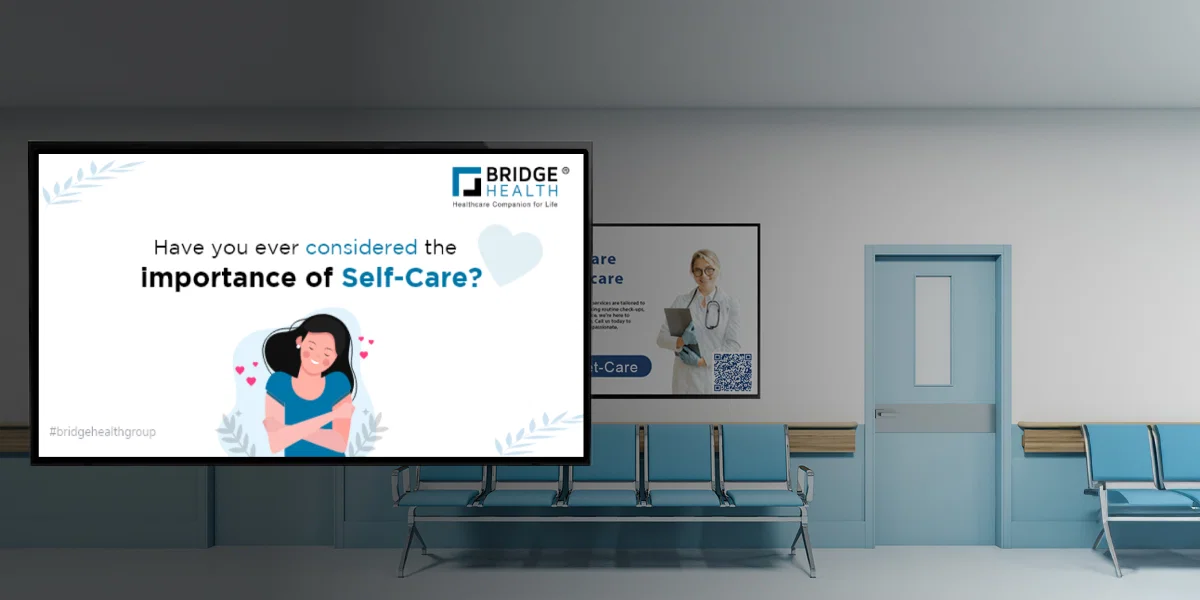 Bridge Health digital screen displaying health information and preventive care messages managed by Pickcel digital signage software.