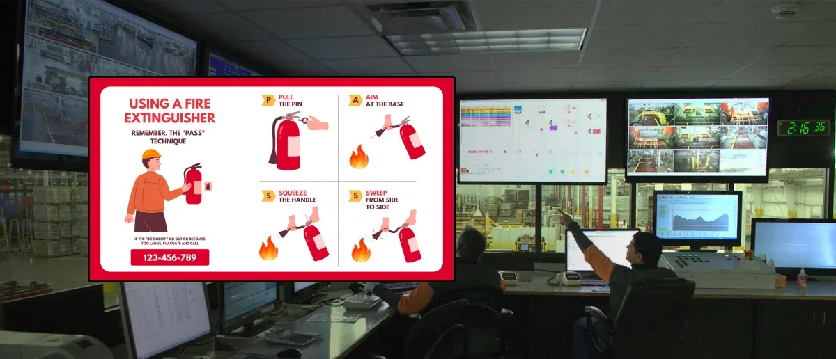 Cardinal Glass office signage showcasing custom apps like clock and weather