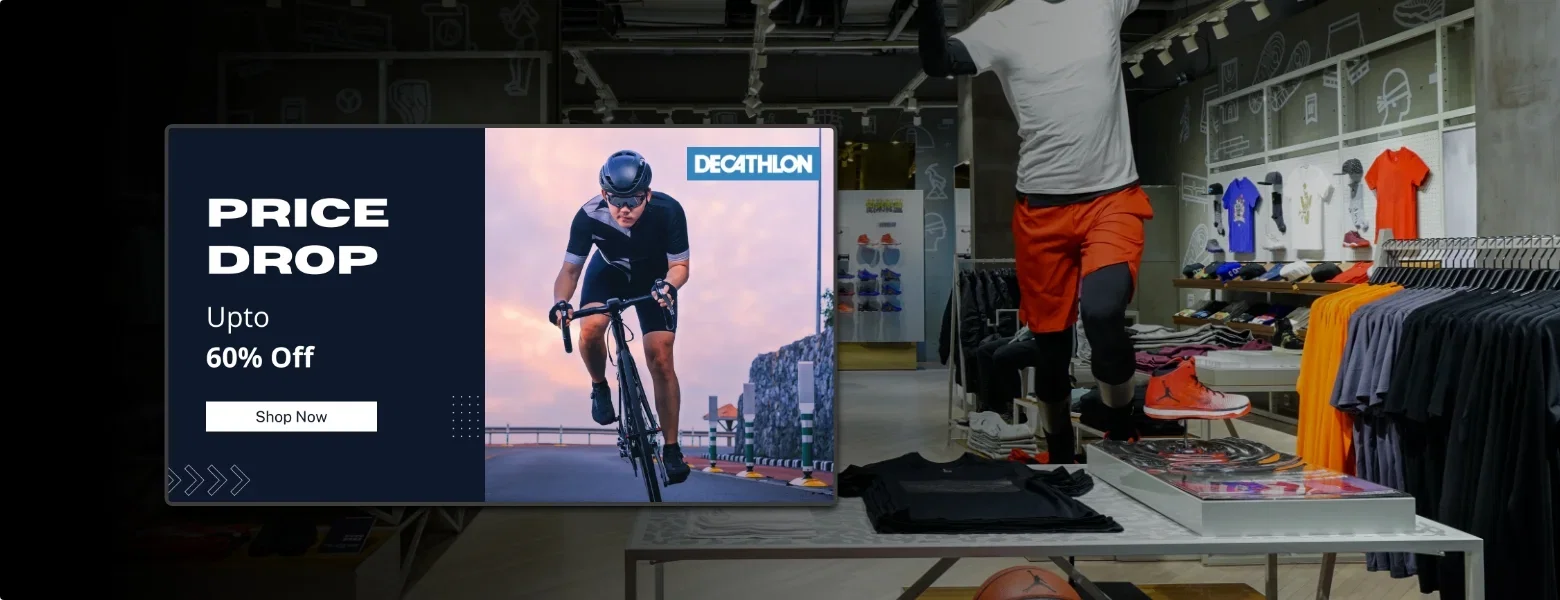 Decathlon sports retail digital signage Decathlon store digital screen managed with Pickcel digital signage software displaying on going promotions.