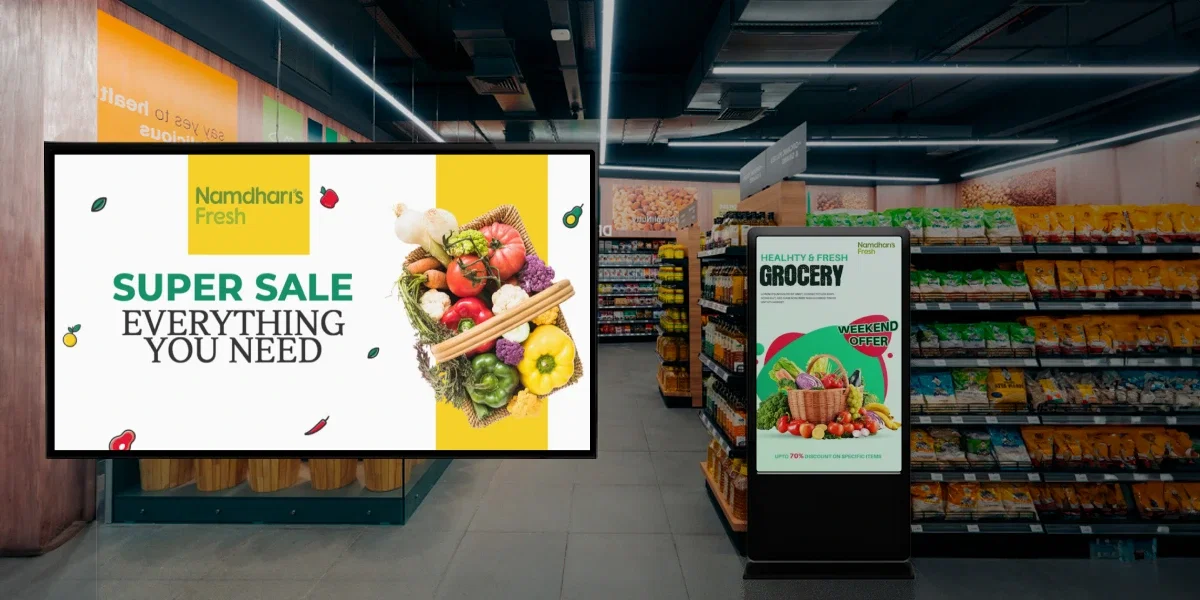 Retail store digital signage at Namdhari Fresh managed with Pickcel displaying brand and product content