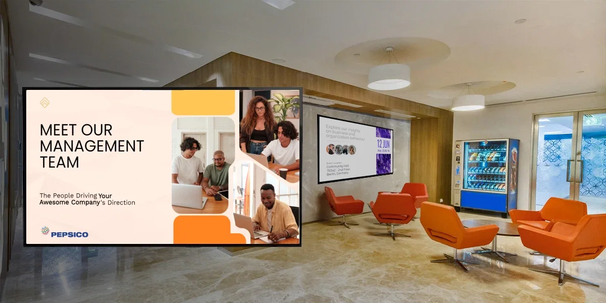 PepsiCo corporate digital signage screen managed with Pickcel displaying internal announcements and employee highlights.