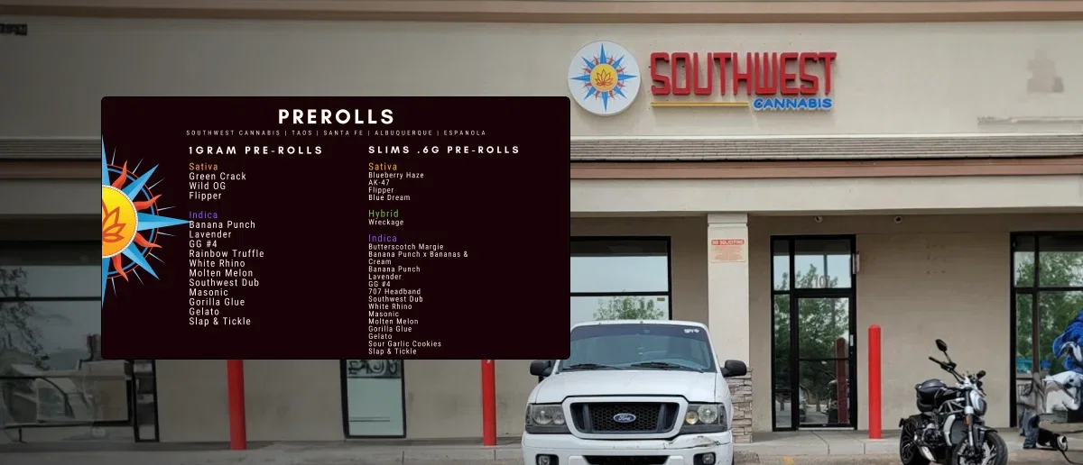 Southwest Cannabis store digital screen managed with Pickcel digital signage software displaying on going promotions.