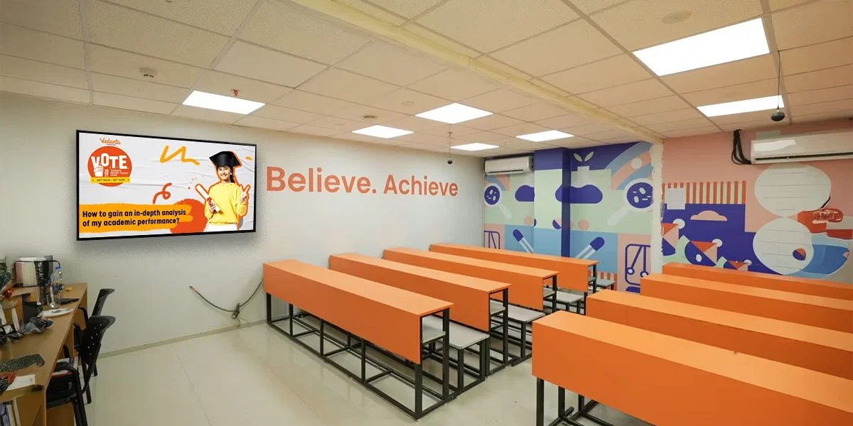 Vedantu learning center reception showing announcements on Pickcel-powered digital signage