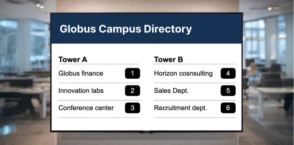 Corporate campuses and office towers using building directory on digital signage Corporate campuses and office towers using building directory on digital signage