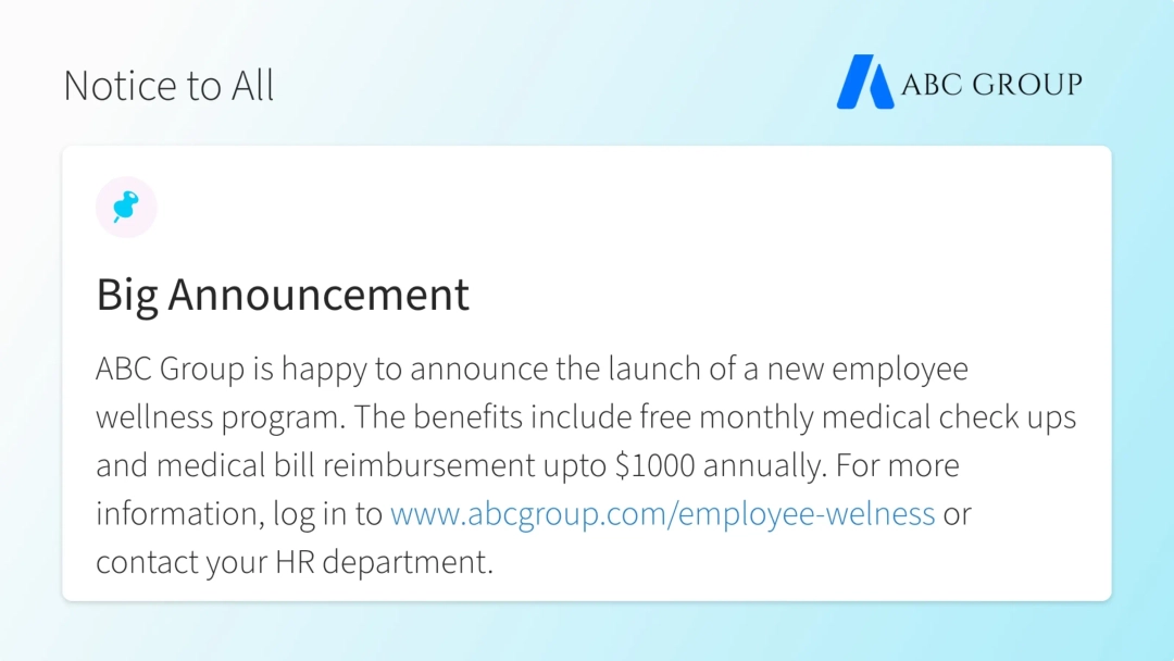 Digital signage app showing big announcement from ABC Group on digital screen Digital signage app showing big announcement from ABC Group on digital screen