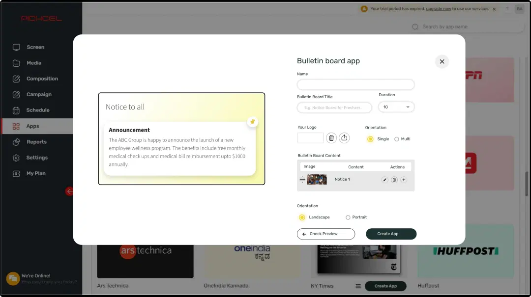 Step 1: Digital signage software interface showing bulletin board App configuration window with multiple options Step 1: Digital signage software interface showing bulletin board App configuration window with multiple options