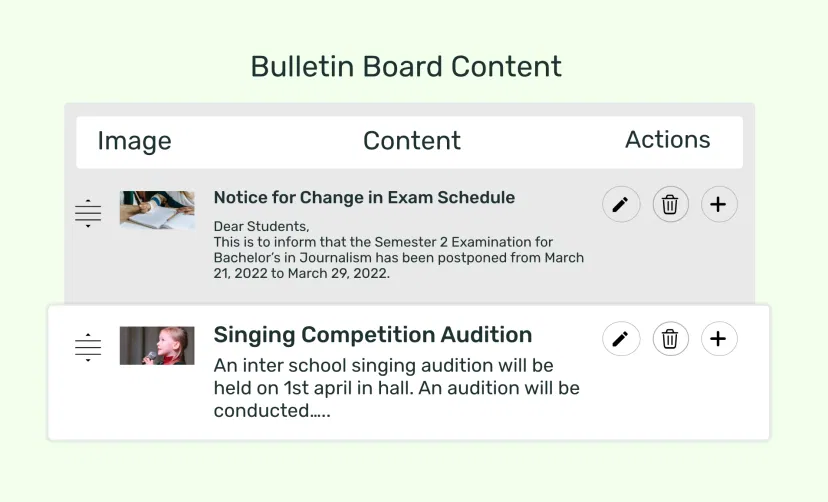 Bulletin board app feed preview showing options to create unlimited notices to display on digital signage screens Bulletin board app feed preview showing options to create unlimited notices to display on digital signage screens