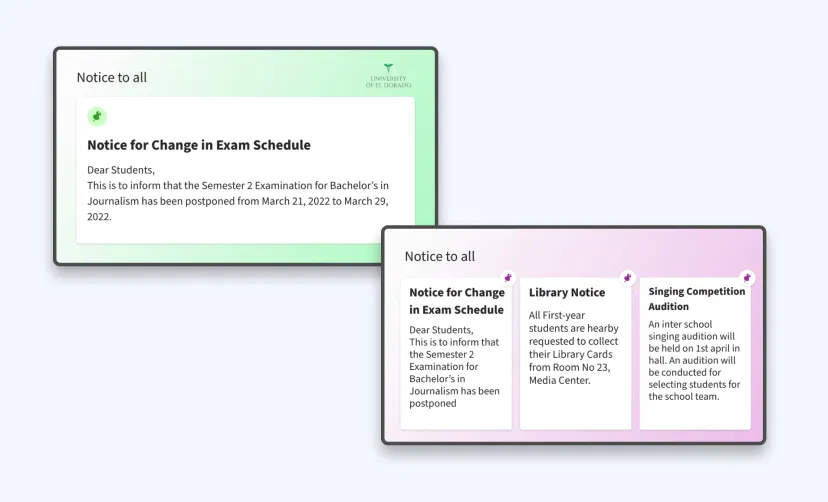 Bulletin board app interface showing theme options to display one or more notices at same time on digital signage screens Bulletin board app interface showing theme options to display one or more notices at same time on digital signage screens