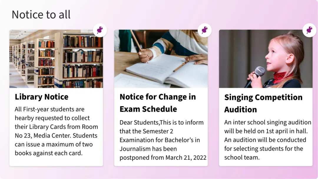 Bulletin board app layout preview showing three notices with images at a time Bulletin board app layout preview showing three notices with images at a time