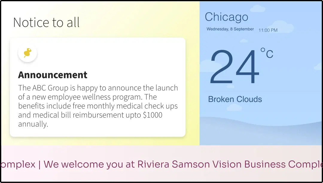 Step 3: Digital signage software interface showing composition window with bulletin board, weather and scroller apps feed Step 3: Digital signage software interface showing composition window with bulletin board, weather and scroller apps feed