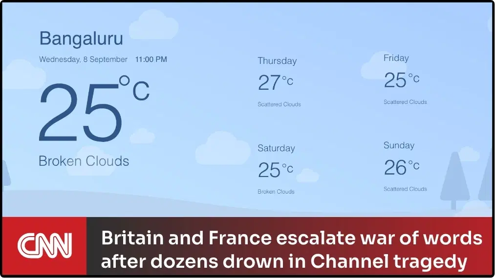 Digital signage CNN News app preview showing news topic text placed at the bottom side of the screen layout Digital signage CNN News app preview showing news topic text placed at the bottom side of the screen layout