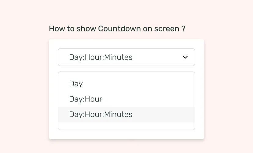 Countdown app interface showing theme options like Day, Day:Hour and Day:Hour:Minutes to display on digital signage screens Countdown app interface showing theme options like Day, Day:Hour and Day:Hour:Minutes to display on digital signage screens