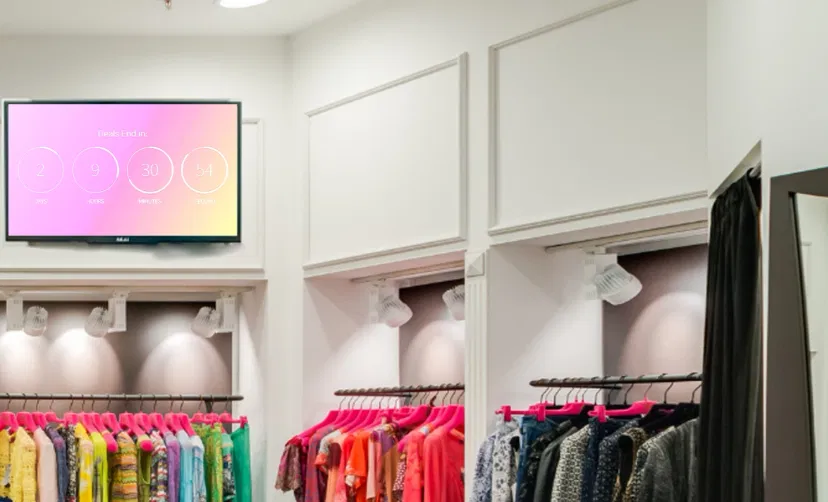 Digital signage screen placed in clothing store showing Countdown Timer of an event using Pickcel digital signage software Digital signage screen placed in clothing store showing Countdown Timer of an event using Pickcel digital signage software