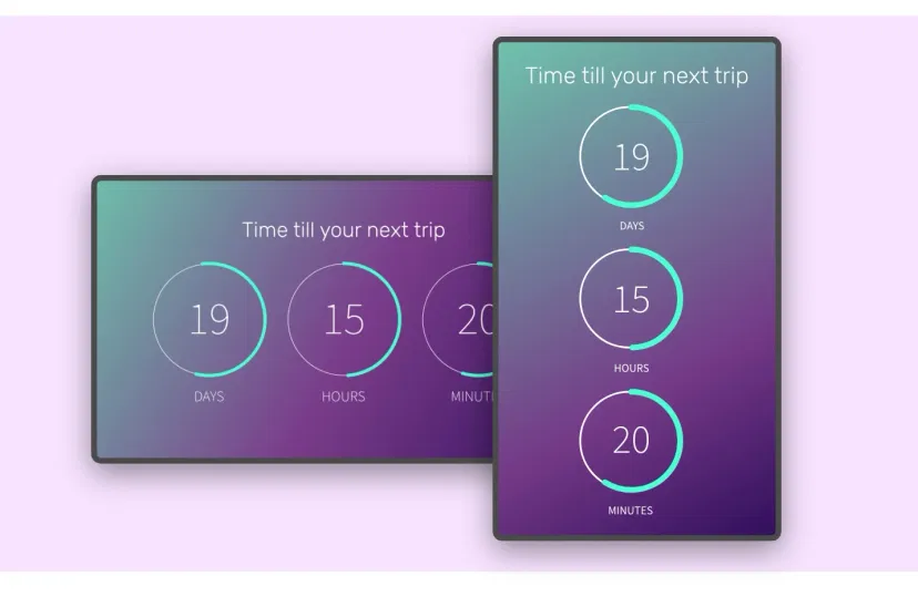 Countdown Timer app feed preview in digital screens with landscape and portrait layouts Countdown Timer app feed preview in digital screens with landscape and portrait layouts