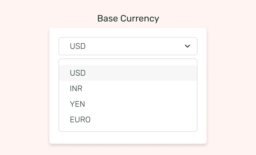 Currency Exchange Rate app interface showing base currency options like USD, INR, YEN etc., to display on digital signage screens Currency Exchange Rate app interface showing base currency options like USD, INR, YEN etc., to display on digital signage screens