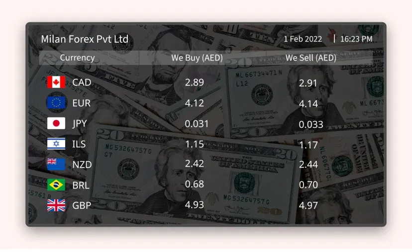 Currency Exchange Rate app feed preview showing exchange rates of CAD, EUR, etc with background stock image of dollar bills Currency Exchange Rate app feed preview showing exchange rates of CAD, EUR, etc with background stock image of dollar bills