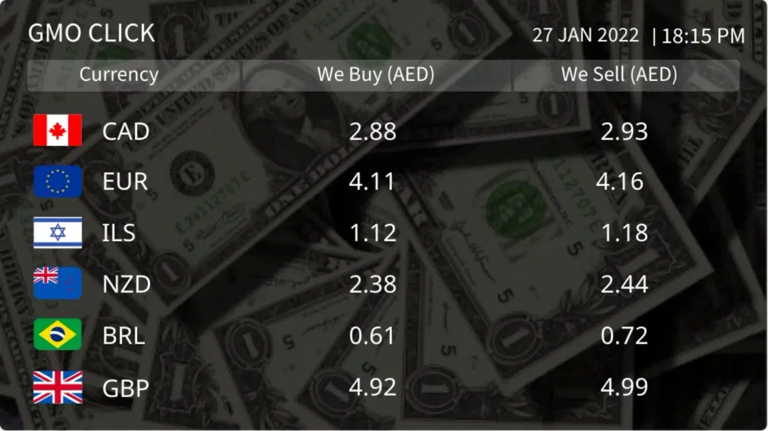 Currency app layout preview showing dollar bills image as background, GMO Click brand text and five currency rates Currency app layout preview showing dollar bills image as background, GMO Click brand text and five currency rates