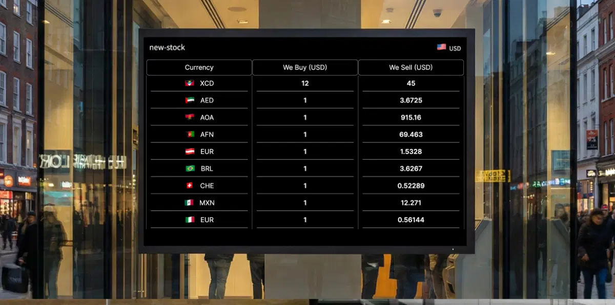 High-street money changers and chains using currency exchange board on digital signage High-street money changers and chains using currency exchange board on digital signage
