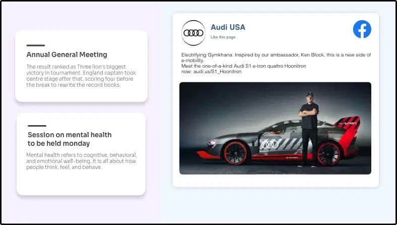Step 3: Digital signage software interface showing composition window with Facebook Plus app feed Step 3: Digital signage software interface showing composition window with Facebook Plus app feed