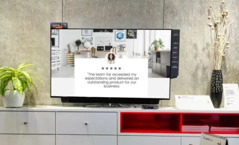 digital signage screen placed at office cafeteria showing user reviews from brand's facebook page using Pickcel software. digital signage screen placed at office cafeteria showing user reviews from brand's facebook page using Pickcel software.