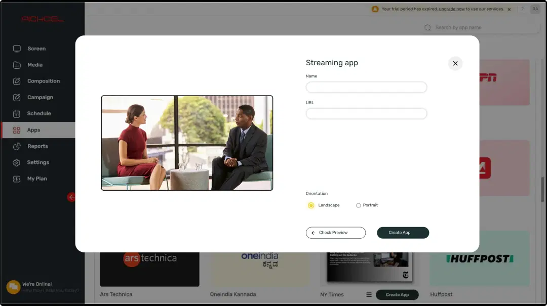 Step 1: Digital signage software interface showing Streaming app configuration window with multiple options Step 1: Digital signage software interface showing Streaming app configuration window with multiple options