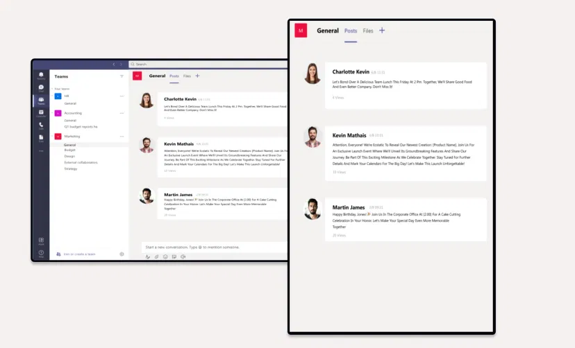 Microsoft Teams app feed preview in digital screens with landscape and portrait layouts Microsoft Teams app feed preview in digital screens with landscape and portrait layouts