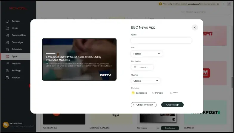 Step 1: Digital signage software interface showing NDTV news App configuration window with multiple options Step 1: Digital signage software interface showing NDTV news App configuration window with multiple options