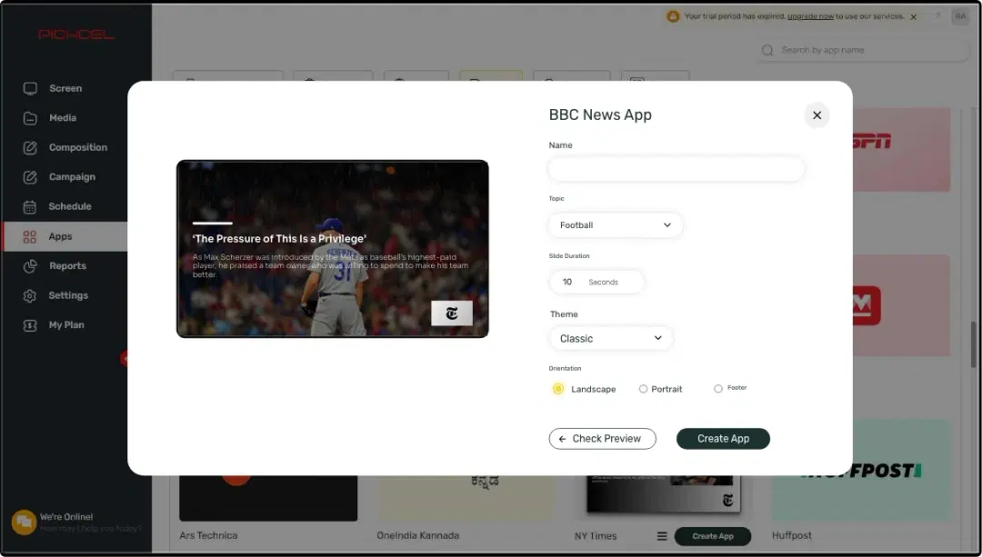 step 1 digital signage software interface showing NYtimes news App configuration window with multiple options step 1 digital signage software interface showing NYtimes news App configuration window with multiple options