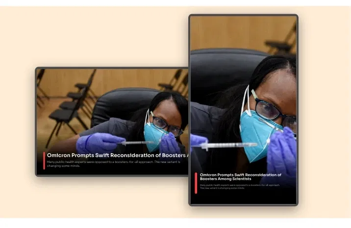Digital signage NYtimes news app layout preview showing app data fit into any layout and adjusts to screen size and orientation. Digital signage NYtimes news app layout preview showing app data fit into any layout and adjusts to screen size and orientation.