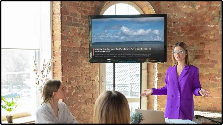 digital signage NYtimes News app showing news topic image as background and news text placed at the bottom digital signage NYtimes News app showing news topic image as background and news text placed at the bottom