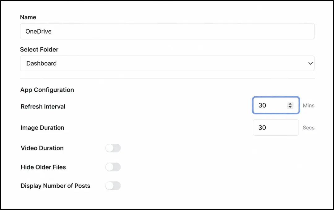 Step 1: Digital signage software interface showing OneDrive App configuration window with folder selection Step 1: Digital signage software interface showing OneDrive App configuration window with folder selection
