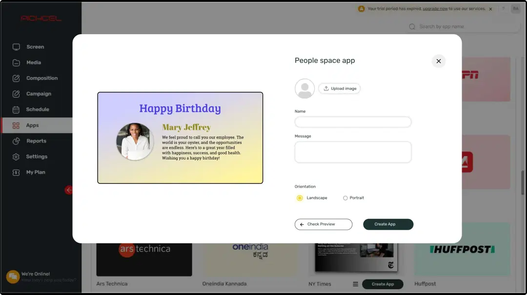 Step 1: Digital signage software interface showing People Space App configuration window with multiple options Step 1: Digital signage software interface showing People Space App configuration window with multiple options