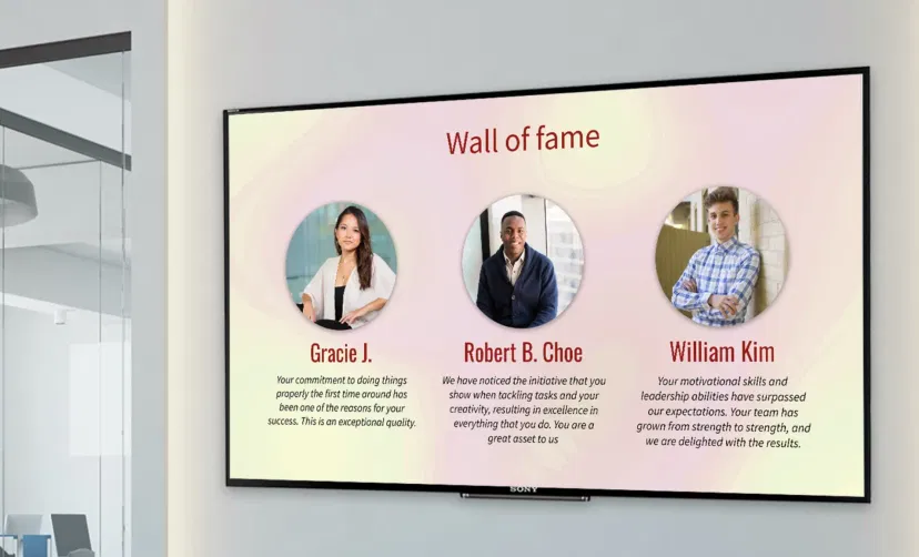 People Space App showing wall of fame of the star employees on the digital signage screen People Space App showing wall of fame of the star employees on the digital signage screen