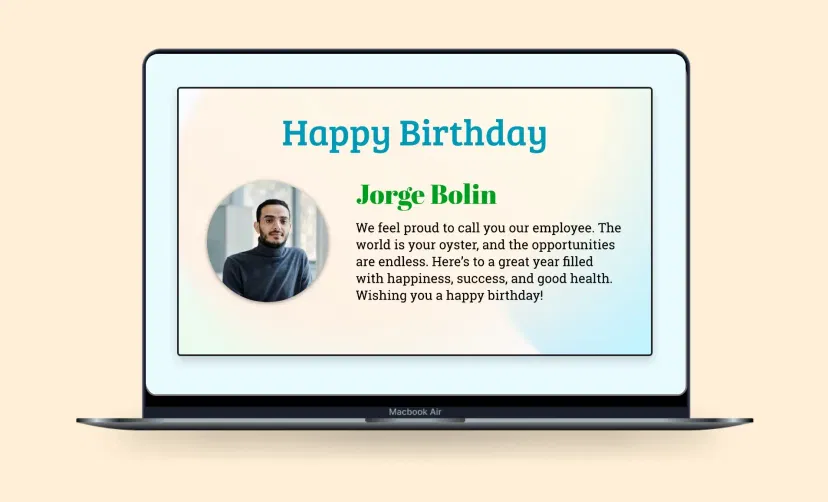 People Space App feed preview showing Employee Birthday wishing message People Space App feed preview showing Employee Birthday wishing message