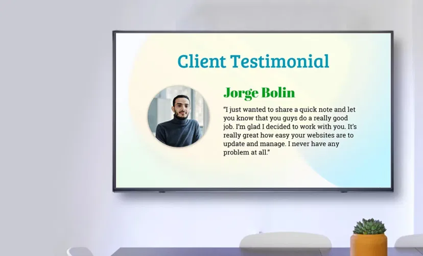 People Space App showing Client Testimonial on the digital signage screen People Space App showing Client Testimonial on the digital signage screen