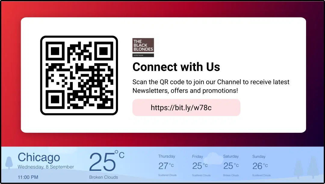 step 3 digital signage software interface showing compositon window with QR code App and wheather app feeds step 3 digital signage software interface showing compositon window with QR code App and wheather app feeds