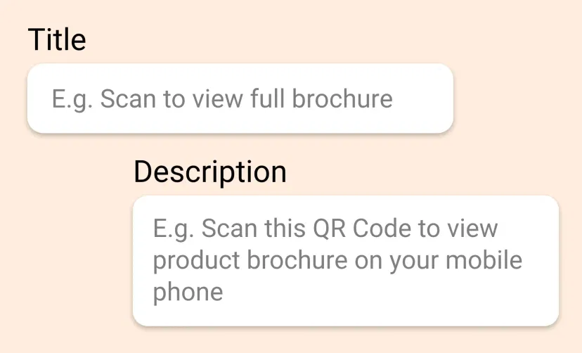 QR Code app window layout showing feature to add title and description to display on digital screens QR Code app window layout showing feature to add title and description to display on digital screens