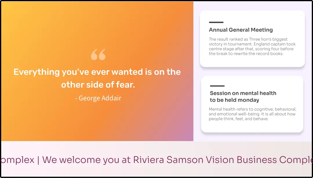 step 3 digital signage software interface showing compositon window with Quotes App, Notice board app and scroller app feeds step 3 digital signage software interface showing compositon window with Quotes App, Notice board app and scroller app feeds