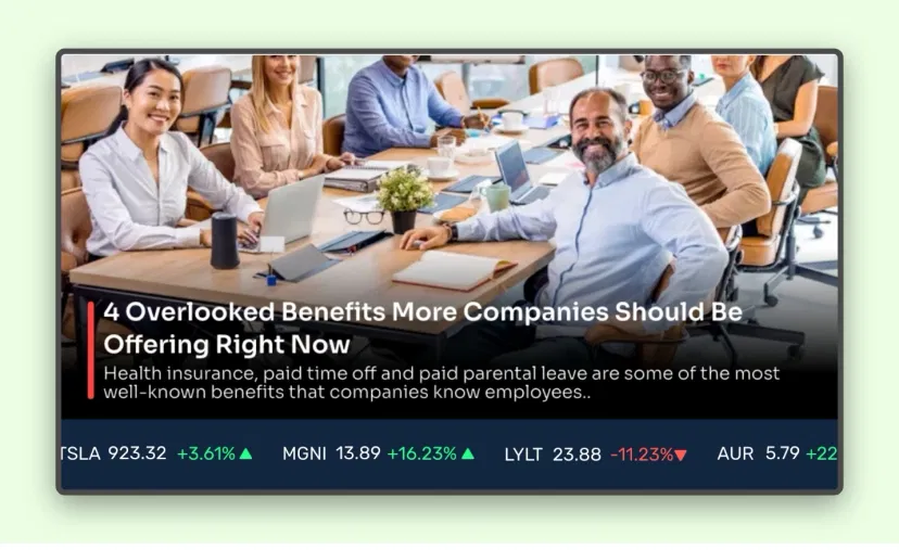 Stocks app feed preview showing stock prices as ticker on bottom of the screen layout Stocks app feed preview showing stock prices as ticker on bottom of the screen layout