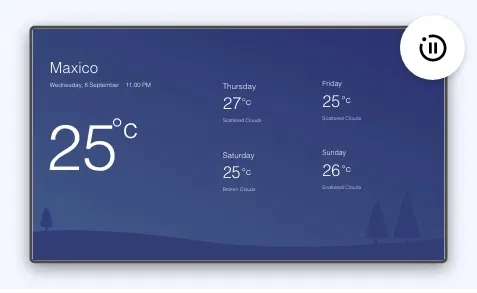 Weather app preview showing animated weather effects like rain and clouds on digital signage screen Weather app preview showing animated weather effects like rain and clouds on digital signage screen